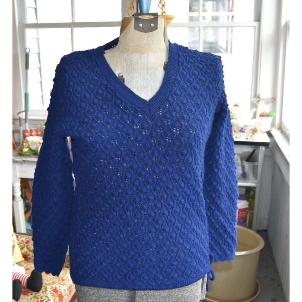 Vintage 60s British Vogue Wintuk Cable Knit Sweater Tie Waist Blue Size Small